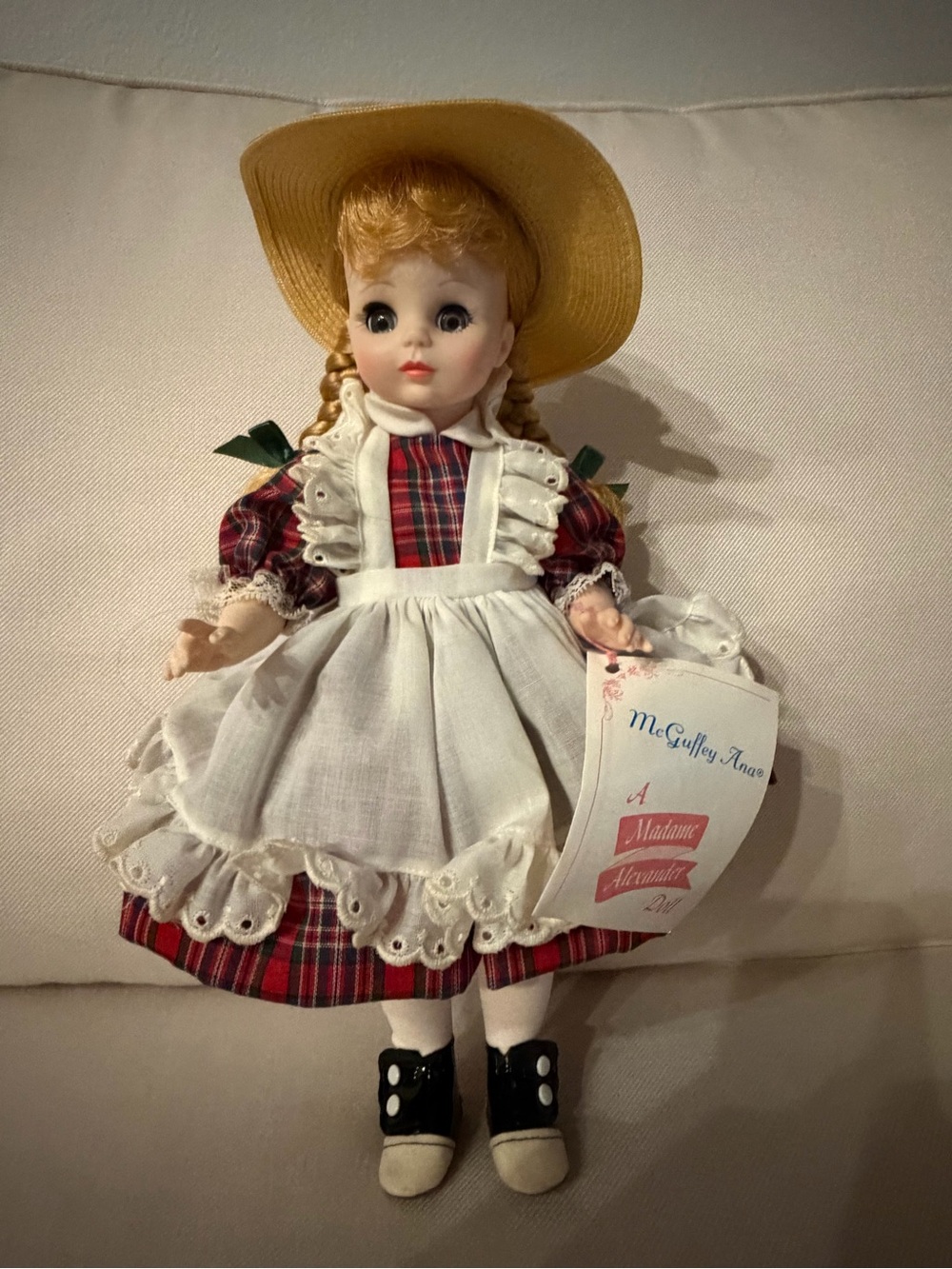 Madame Alexander Red Plaid Doll with White Apron and Yellow Hat